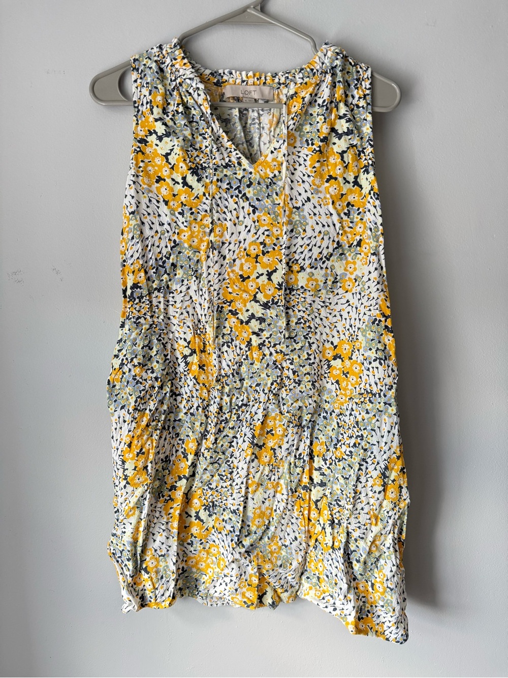 LOFT Yellow Navy Floral Sleeveless V-Neck Summer Midi Dress Pattern Size XS